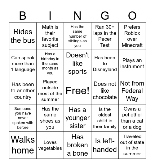 Classmate Bingo Card