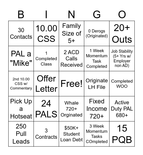 Origination Bingo Card