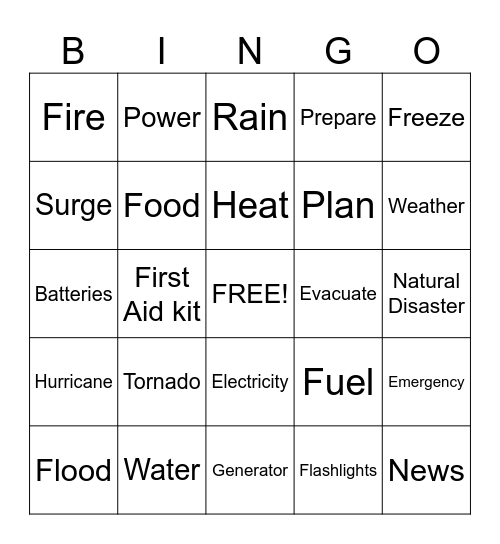 Aware & Prepare Bingo Card