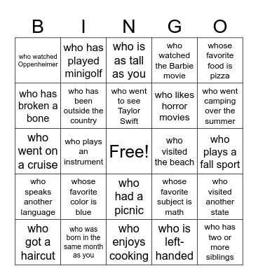 Back to School Bingo Card