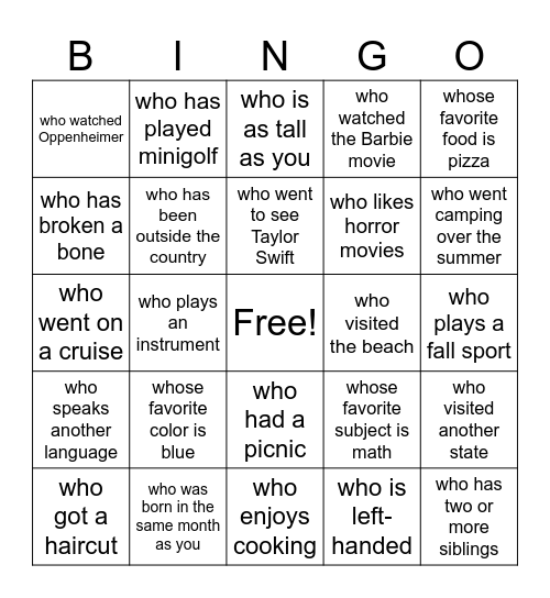 Back to School Bingo Card