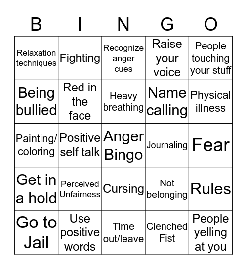 Anger Management Bingo Card