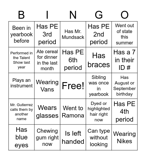 Yearbook Personality Bingo Card