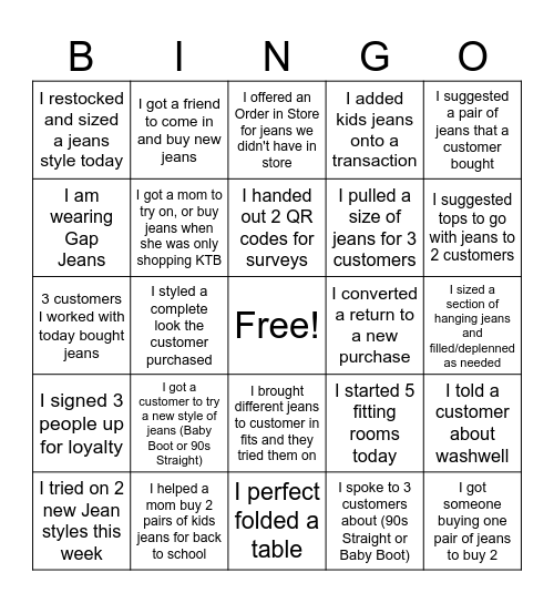 Gap JEANius Bingo Card