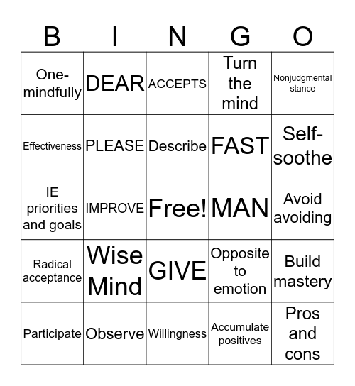 DBT Bingo! Bingo Card