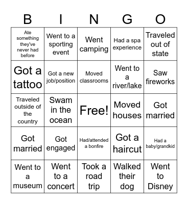 DHS STAFF: During Summer Did You....? Bingo Card