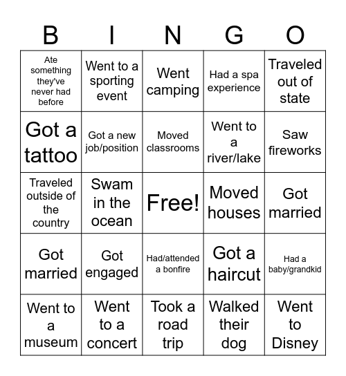 DHS STAFF: During Summer Did You....? Bingo Card
