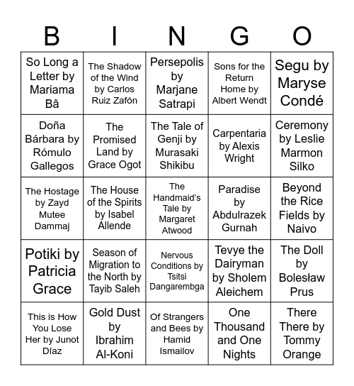 International Literary Bingo Card