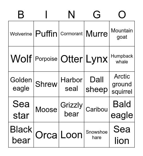 Alaska Wildland Bingo Card
