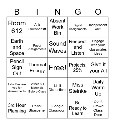 Classroom Expectations and Procedures Bingo Card