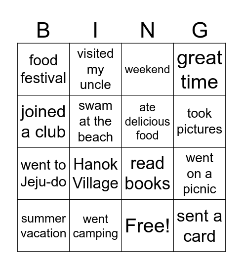 Summer Vac Bingo Card