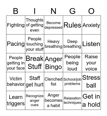 Anger Management Bingo Card