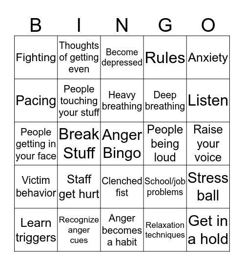 Anger Management Bingo Card