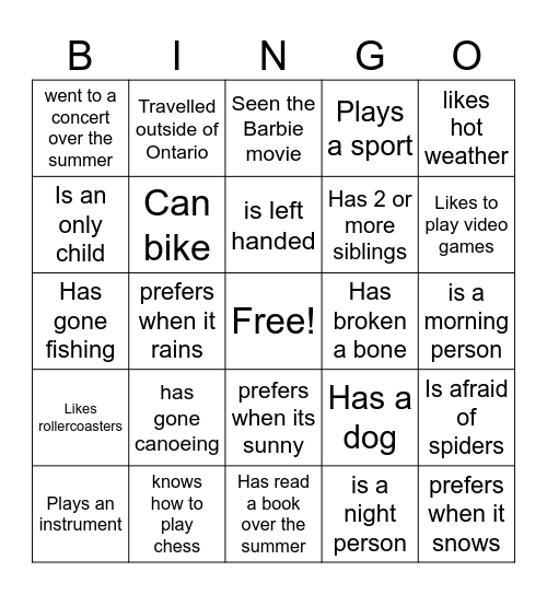 Get to know you bingo Card