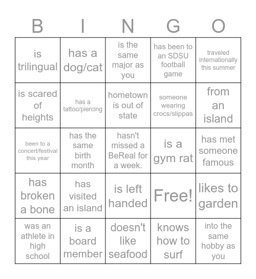 Intro Bingo Card