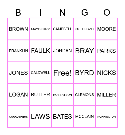 LAST NAME Bingo Card