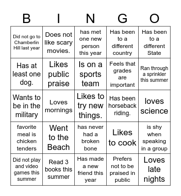 Classmate Bingo- Cover All Bingo Card