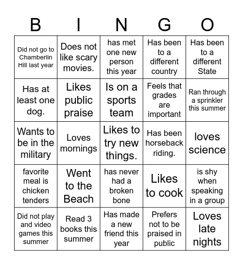 Classmate Bingo- Cover All Bingo Card