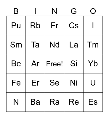 Periodic Table of Elements Bingo Card
