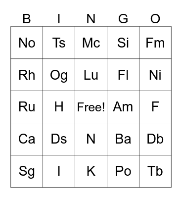 Period Table of Elements Bingo Card