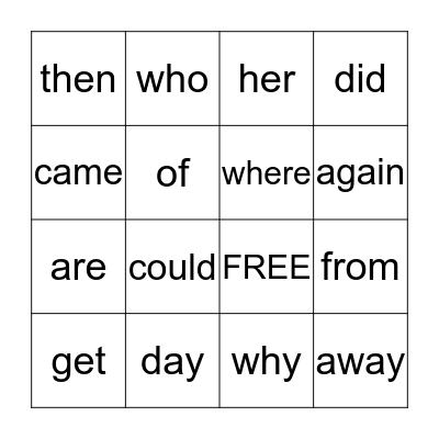 Sight Words Bingo Card