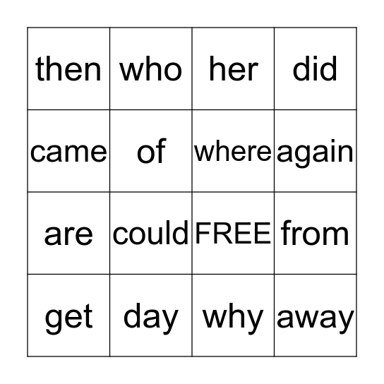 Sight Words Bingo Card