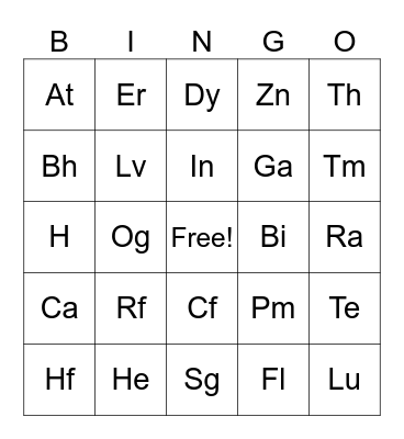 Periodic Table of Elements Bingo Card