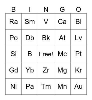 Periodic Table of Elements Bingo Card