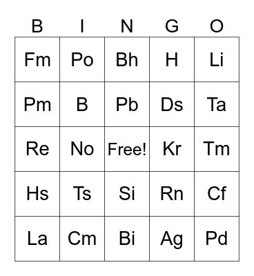 Periodic Table of Elements Bingo Card