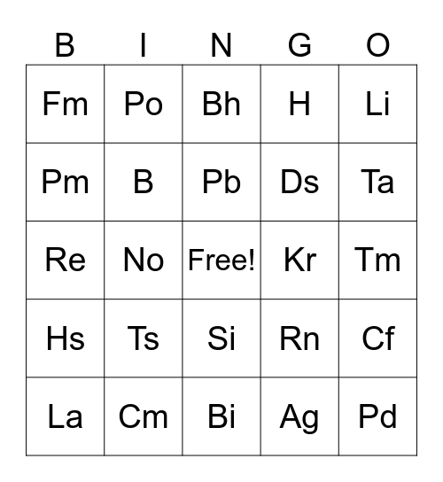 Periodic Table of Elements Bingo Card