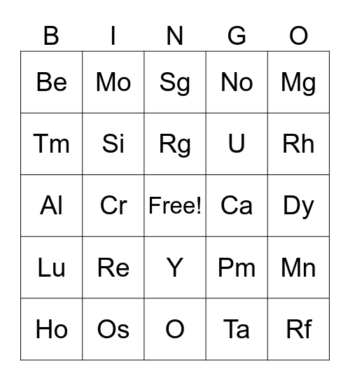 Periodic Table of Elements Bingo Card