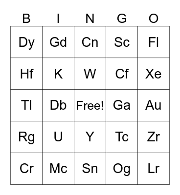 Periodic Table of Elements Bingo Card
