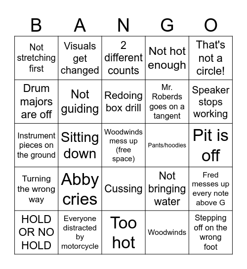 Marching Band Bingo Card