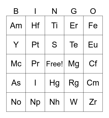 Periodic Table of Elements Bingo Card