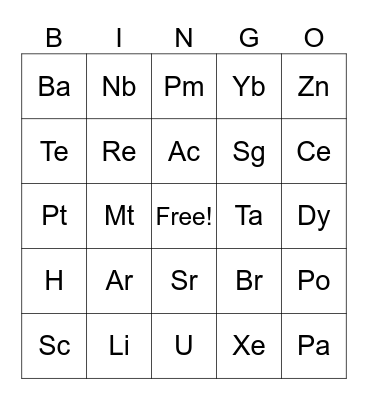 Periodic Table of Elements Bingo Card