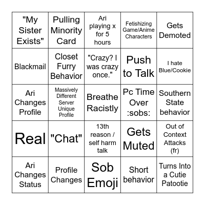 Ari's Ugly Bingo (For Ugly) Bingo Card
