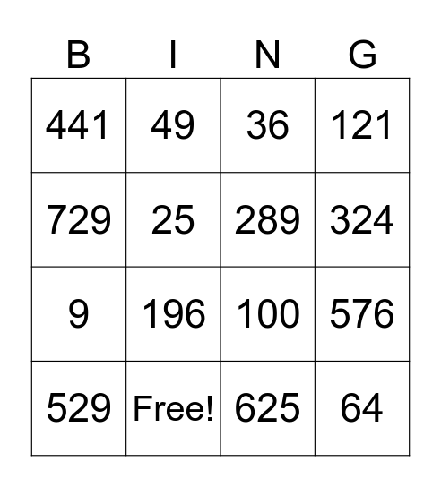 Square Numbers Bingo Card