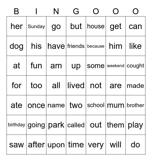 Oxford Owl Words 31-100 Bingo Card