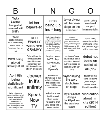 Swiftie 2023 Bingo WTF Bingo Card