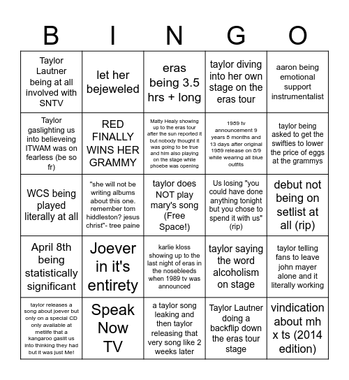 Swiftie 2023 Bingo WTF Bingo Card