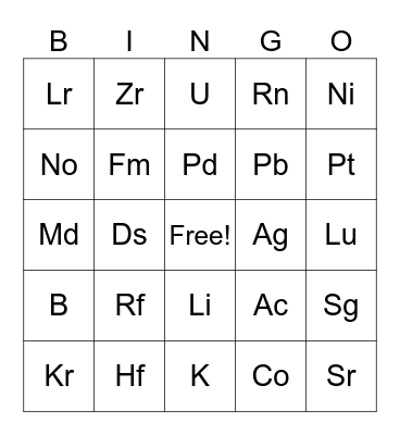 Periodic Table of Elements Bingo Card