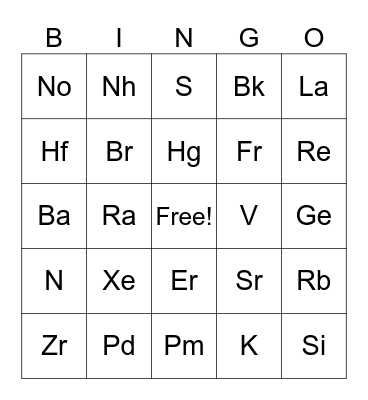Periodic Table of Elements Bingo Card