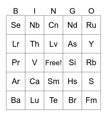 Periodic Table of Elements Bingo Card