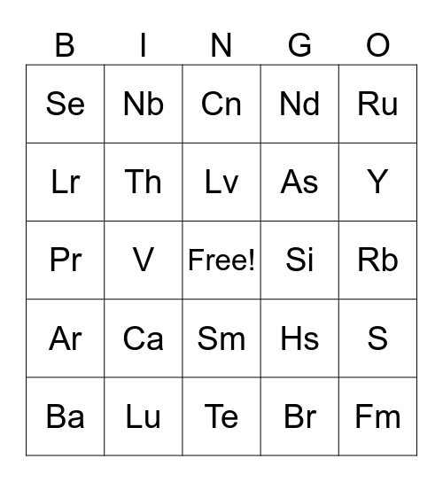 Periodic Table of Elements Bingo Card