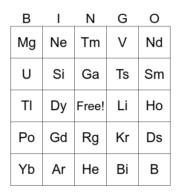 Periodic Table of Elements Bingo Card
