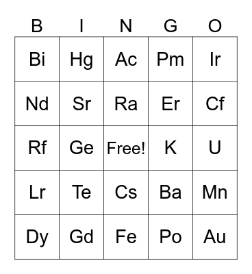 Periodic Table of Elements Bingo Card