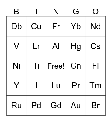 Periodic Table of Elements Bingo Card