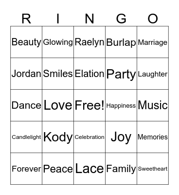 Wedding Day Bingo Card