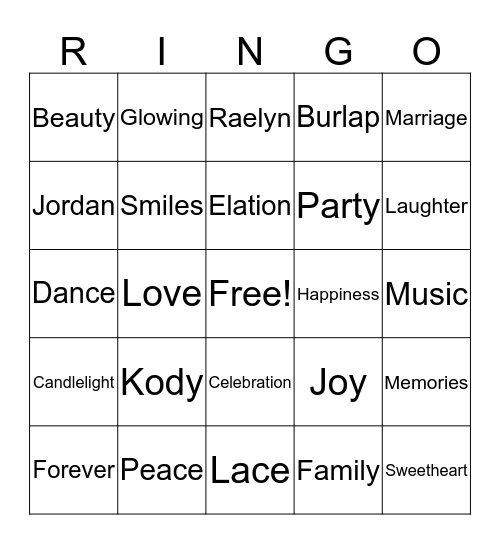 Wedding Day Bingo Card