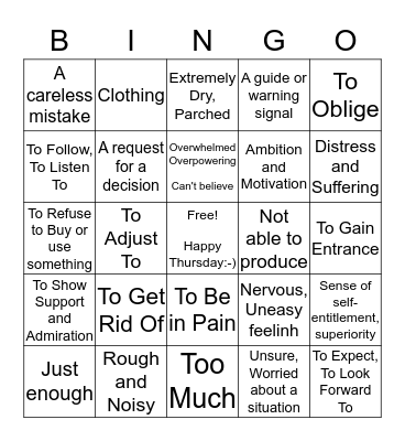 Vocabulary Bingo Card